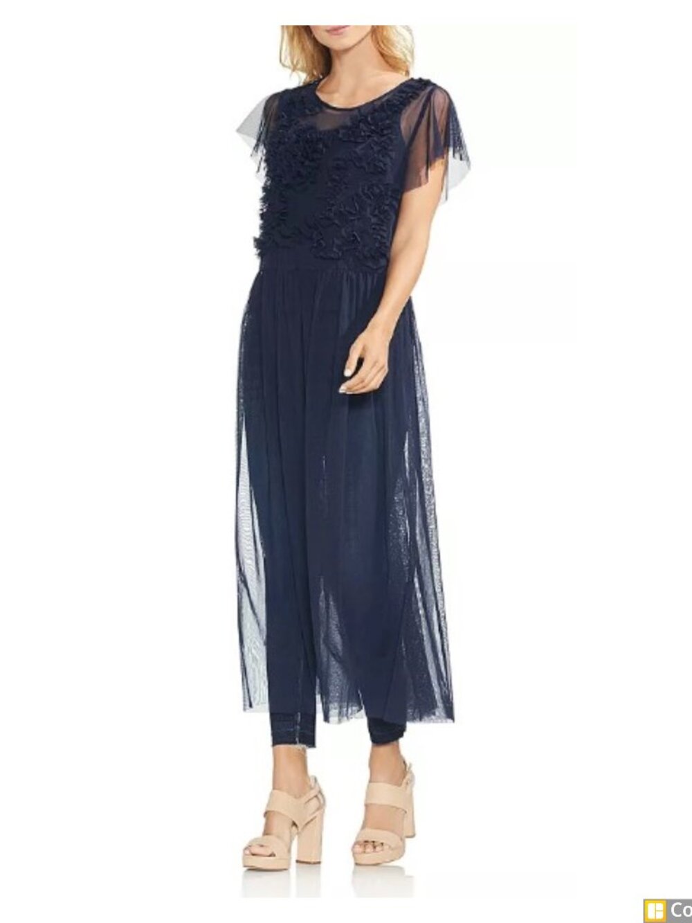 Vince Camuto Sheer Tulle Ruffle Maxi Tunic in Navy Blue SZ L